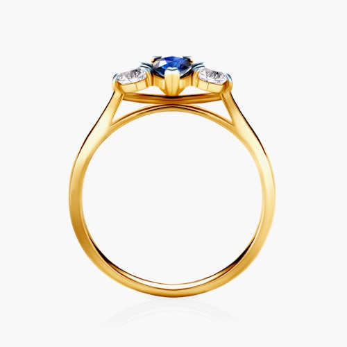 Pierścionek zaręczynowy SAVICKI: dwukolorowe złoto, niebieski szafir, białe szafiry